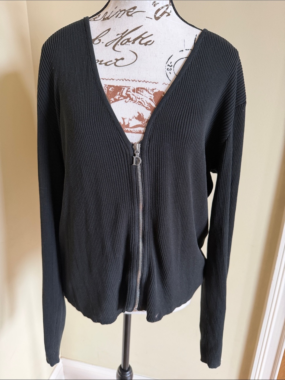 Dior Black Ribbed V-Neck Zip Cardigan